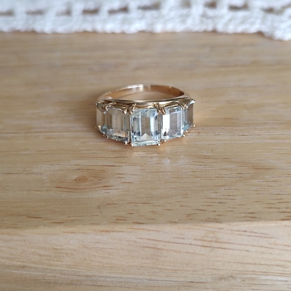 Elegant 14k Gold Ring with Aquamarine Emerald-Cut Stones - Women Jewelry - Picture 5 of 5